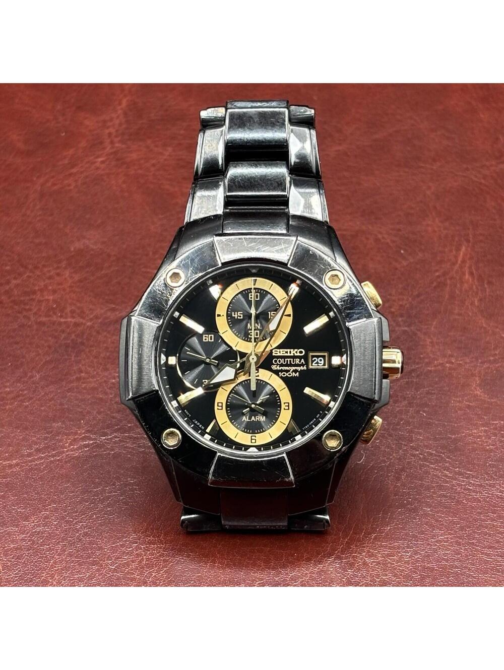 Seiko Coutura Chronograph 42mm Watch Black w/ Gold-Tone Sapphire 7T62-0JJ0